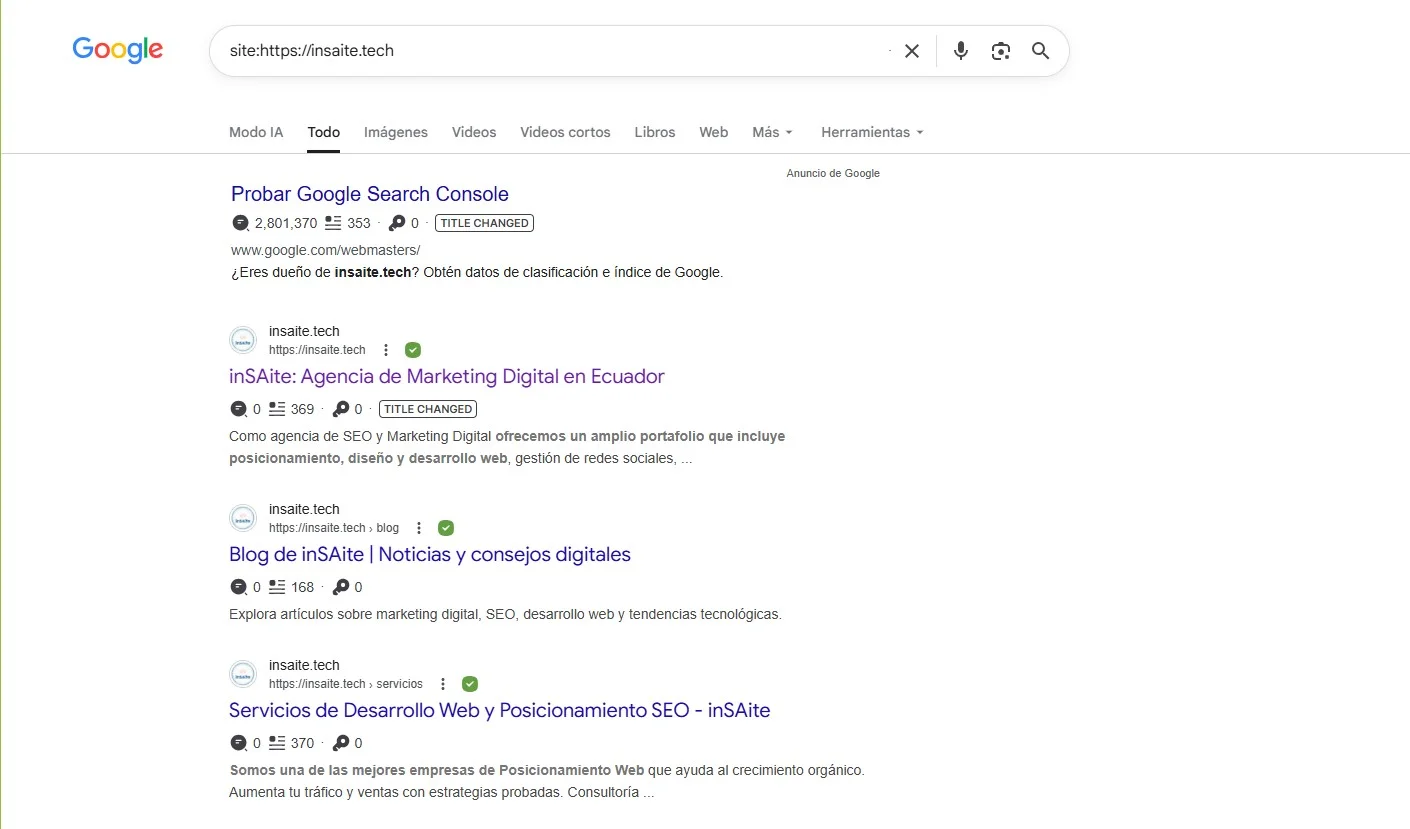 Captura de Google utilizando site:https://insaite.dev para mostrar un ejemplo